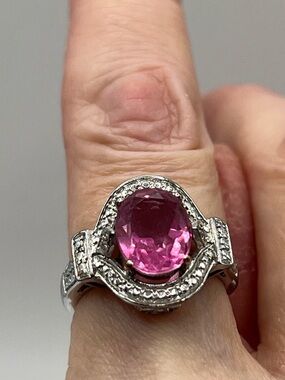 SPRING SALE! Pink quartz set in caviar bead design, Rhodium over S925 setting.